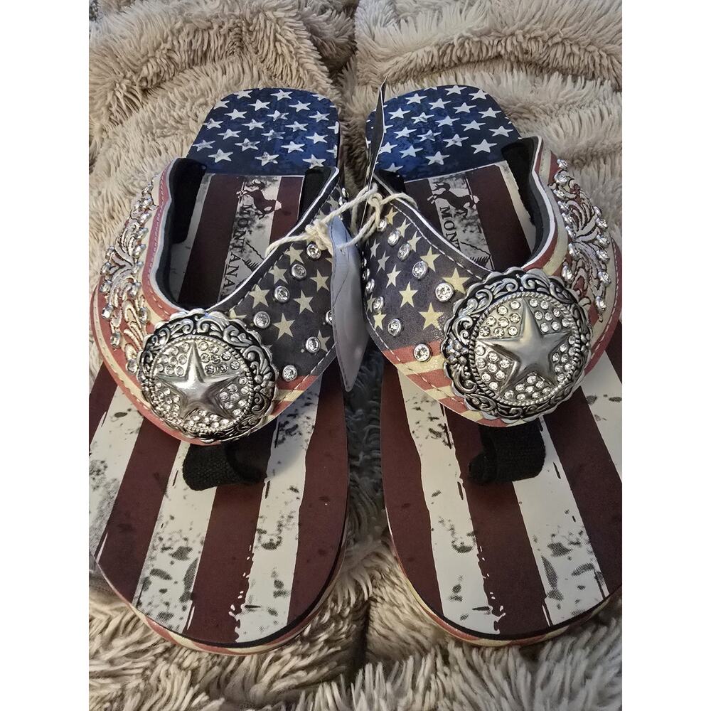 Montana West Women's Red White & Blue Flip Flops with Rhinestone Concho SZ 10
